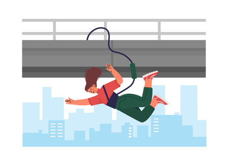 Jump off bridge. Woman with safety rope jumping from bridge. Active lifestyle and extreme sports....