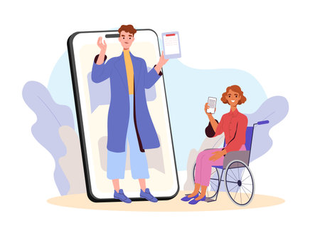 Woman with online doctor. Young girl in wheelchair talking on phone with doctor in medical uniform. Healthcare and medicine, treatment. Flat vector illustration isolated on white backgroundのイラスト素材