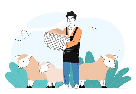 Man collect sheeps wool. Young man shears sheep and collects wool. Harvesting and agriculture. Shepherd at farm with cattle and livestock. Linear vector illustration isolated on white backgroundのイラスト素材