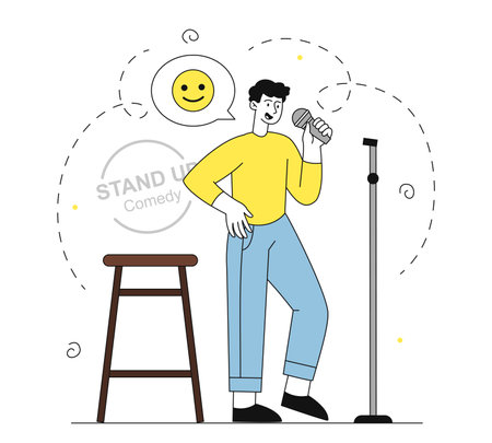 Stand up man. Young guy with microphone stands on stage and tells jokes. Entertainment and leisure, fun. Comedian artist with mic. Linear vector illustration isolated on white backgroundのイラスト素材