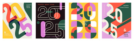 2025 posters set. New Year and Christmas covers and flyers. Winter holidays and festivals, Noel Eve....