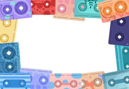Audio cassettes background. Red, yellow, green and blue retro audio storages. Electronics for music lovers. Casetes with favorite songs, albums and playlists. Flat vector illustrationのイラスト素材