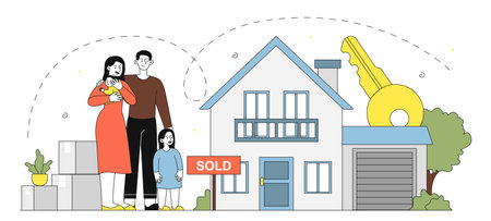 Family buying house. Happy man and woman with girl near building. Deal with real estate and private property. Cottage or townhouse. Linear vector illustration isolated on white backgroundのイラスト素材