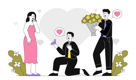 Man proposes to woman. Young guy gives ring and bouquet of flowers to girl. Bride and groom. Love and romance. Marriage and wedding. Linear vector illustration isolated on white backgroundのイラスト素材