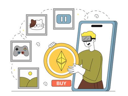 Man with cryptocurrency. Young guy with bitcoin or litecoin. Trader with blockchain technology. Trading and investing, economy. Linear vector illustration isolated on white backgroundのイラスト素材