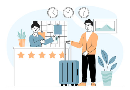 Hotel reception concept. Man with suitcase chatting with woman in hotel. Receptionist with client. Holiday and vacation. Travel and tourism. Linear vector illustration isolated on white backgroundのイラスト素材
