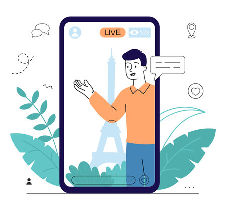 Live stream man. Young guy on smartphone screen with Eiffel Tower. Travel and vacation in Paris. Holidays in France. Travel blogger. Linear vector illustration isolated on white backgroundのイラスト素材