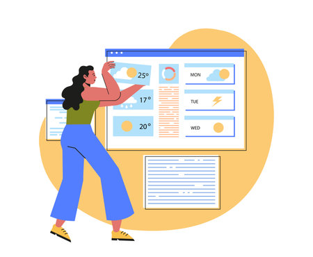 Meteorology geophysics science. Woman looks at weather forecast prediction. Physics and temperature measurement. Meteorologist at workplace. Flat vector illustration isolated on white backgroundのイラスト素材