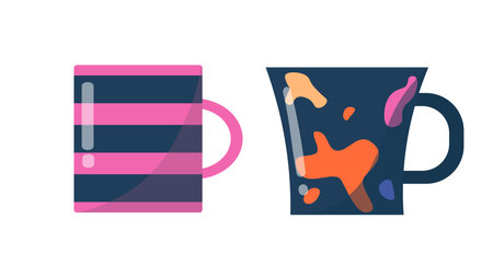 Set of mugs. Cups for tea or coffee with abstract patterns. Ceramic tableware, dishware and kitchen utensil. Hot drink. Social media sticker. Flat vector collection isolated on white backgroundのイラスト素材