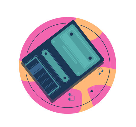 Music element sticker. Audio cassette player. Retro audio equipment. Favorite music and playlist with songs. Poster or banner. Flat vector illustration isolated on white backgroundのイラスト素材
