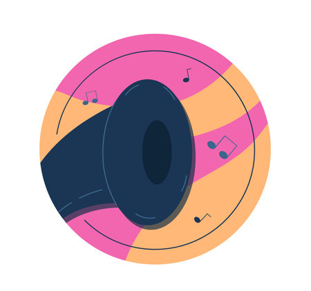 Music element sticker. Gramophone with notes. Retro audio equipment. Favorite playlist and songs. Multimedia device. Flyer and brochure. Flat vector illustration isolated on white backgroundのイラスト素材