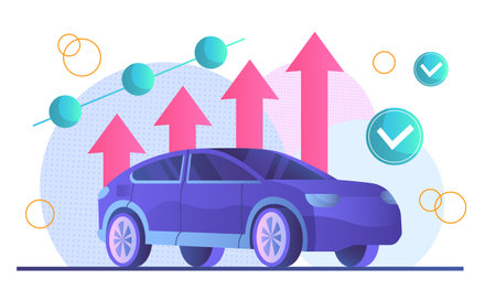 Plan automotive future. Car with ascending arrows. Modernization and tuning of automobile. Customization and prototype of auto. Flat vector illustration isolated on white backgroundのイラスト素材