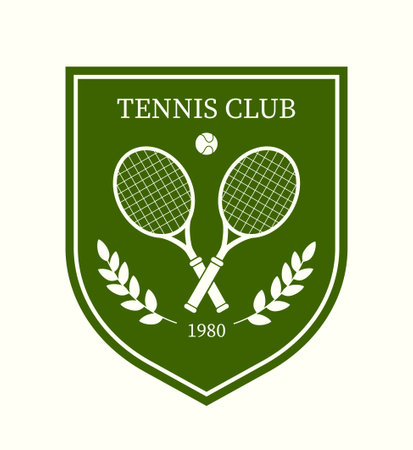 Tennis club logo. Two rackets with ball in green shield. Competition and tournament. Logotype and emblem for company. Active lifestyle and sport. Flat vector illustration isolated on white backgroundのイラスト素材