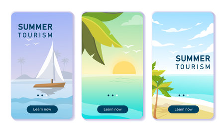 Summer tourism posters set. Yacht in sea or ocean. Travel and trip. Tropical and exotic island and country. Social media covers. Flat vector collection isolated on white backgroundのイラスト素材