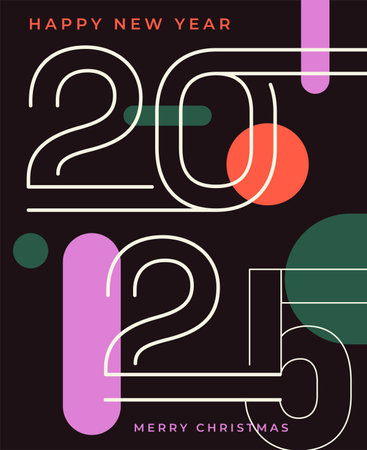 Happy new Year 2025 poster. Black banner with minimalist numbers. Celebration, party and event. Noel Eve and Christmas. Winter holiday and festival. Flyer and booklet. Flat vector illustrationのイラスト素材