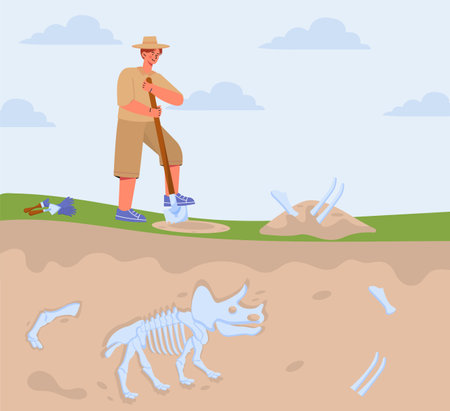 Man with archaeological excavations. Young guy digs bones out of ground. Archeology and paleontology, geology. Skeleton of Triceratops underground. Flat vector illustrationのイラスト素材