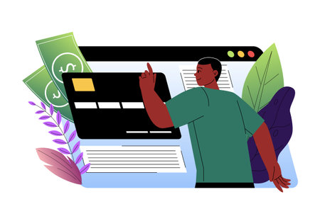 Man with cash back. Young guy with bank card on screen. Cashless transfers and transactions. Digital money. Discount and promotion. Flat vector illustration isolated on white backgroundのイラスト素材