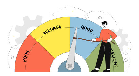 Man with credit rating. Young guy controls indicator arrow. Loan and mortgage. Financial rating and performance. Man with gauge meter. Linear vector illustration isolated on white backgroundのイラスト素材