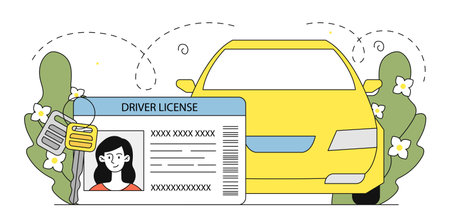 Drivers license concept. Female drivers license near yellow car. Personal identifications document. Automobile and vehicle. Linear vector illustration isolated on white backgroundのイラスト素材