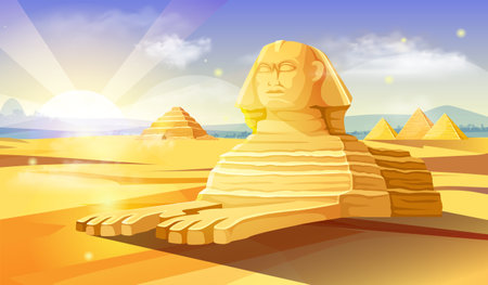 Egypt sphinx background. Desert with sphinx and pyramids. History and archaeology. Culture of ancient Egypt. African landmark and monument. Natural panorama. Flat vector illustrationのイラスト素材