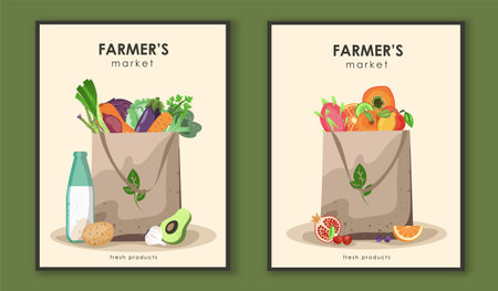 Farmers market posters set. Bags with vegetables and bottle of milk. Natural and organic fresh products. Farming and agriculture. Flat vector collection isolated on green backgroundのイラスト素材