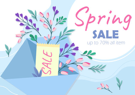 Spring sale poster. Bouquet in envelope. Bloom and blossom plants. Advertising and marketing. Promotion and discount, sale. Flat vector illustration isolated on white backgroundのイラスト素材