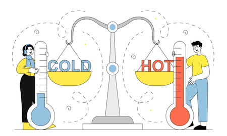 People with temperature contrast. Man and woman with thermometers near scales. Tine guy and girl with climate change. People with meteorology. Linear vector illustration isolated on white backgroundのイラスト素材