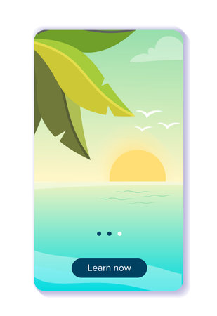 Summer tourism poster. Sea or ocean. Tropical coastline view. Holiday and vacation in tropical and exotic countries. Cover or banner. Flat vector illustration isolated on white backgroundのイラスト素材