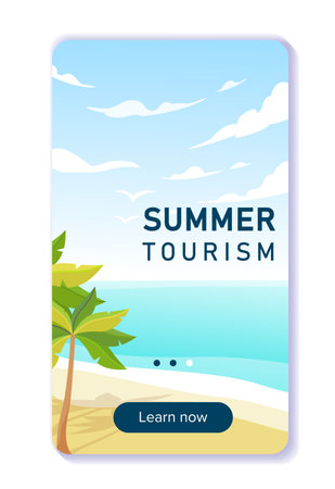 Summer tourism poster. Tropical coastline with palm. Sea or ocean. Holiday and vacation in tropical and exotic countries. Social media cover. Flat vector illustration isolated on white backgroundのイラスト素材