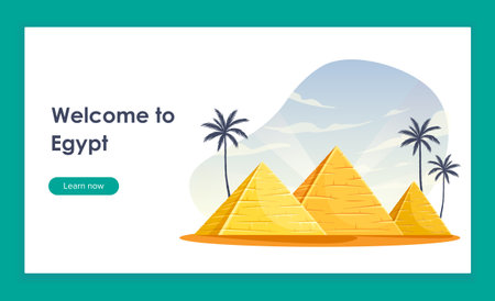 Welcome to egypt poster. Pyramids in desert with palms. Travel destination and landmark. Famous tourist element. Journey and vacation. Flat vector illustration isolated on green backgroundのイラスト素材