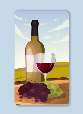 Wine party poster. Bottle and glass with alcoholic drinks. Winery and winemaking, vineyard. Alcoholic drinks and beverages. Cover or banner. Flat vector illustration isolated on blue backgroundのイラスト素材