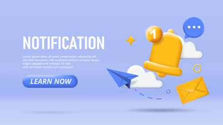 3D notification poster. Electronic mail and business correspondence. Bell, paper airplane and envelope. Landing webpage design. Isometric vector illustration isolated on blue backgroundのイラスト素材