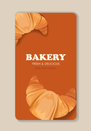 Bakery shop poster. Sweet croissant. Homemade bakery and pastry products. Dessert and delicacy, yummy. Flyer, booklet and brochure. Flat vector illustration isolated on beige backgroundのイラスト素材