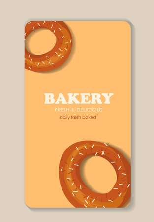 Bakery shop poster. Donut with glaze. Homemade bakery and pastry products. Dessert and delicacy, yummy. Cover or banner. Flat vector illustration isolated on beige backgroundのイラスト素材