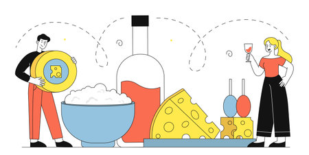 People with cheese. Man and woman with dairy products. Dessert and delicacy. Natural products with calcium. Parmesan and mozzarella. Linear vector illustration isolated on white backgroundのイラスト素材