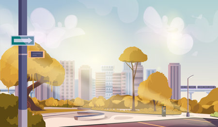 Modern cityscape landscape. Skyscrapers and trees, bridge. Urban infrastructure and architecture. Urban landmark. Autumn and fall season. Panorama and landscape. Flat vector illustrationのイラスト素材