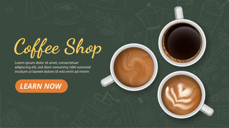 Coffee shop banner. Top view of cups and mugs with hot drinks. Cappuccino, mochaccino and latte. Aroma and beverage. Advertising and marketing. Landing page design. Flat vector illustrationのイラスト素材