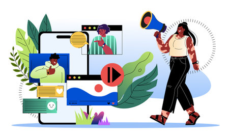 People collaborating online. Woman with loudspeaker communicate with men on internet. Social networks and instant messengers. Collaboration and cooperation, partnership. Flat vector illustrationのイラスト素材