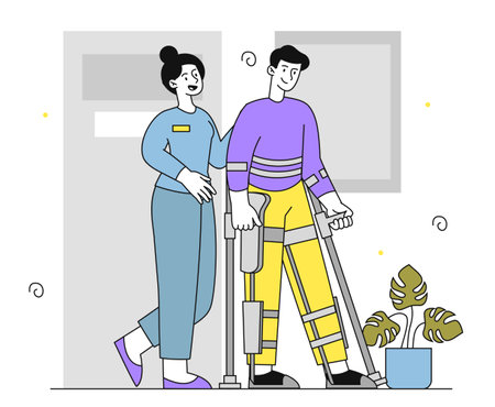 Man with exoskeleton rehabilitation. Woman in medical uniform helps young guy walk. Healthcare and medicine. Man with biomedical implant. Linear vector illustration isolated on white backgroundのイラスト素材