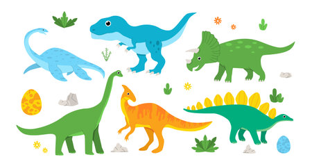 Set of dinosaurs. Dino, Tyrannosaurus and Triceratops. Lizards of prehistoric era. Imagination and fantasy. Ancient predators. Flat vector collection isolated on white backgroundのイラスト素材
