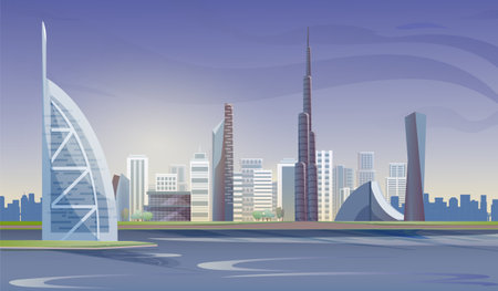 Dubai city skyscrapers. Modern architecture and infrastructure. Arabic town landscape and panorama. Sightseen and landmark for tourists and travelers. Flat vector illustrationのイラスト素材