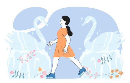 Figure skater woman. Young girl on blue skates rides with swans. Active lifestyle and sports. Hobby and leisure. Performance and competition. Linear vector illustration isolated on white backgroundのイラスト素材