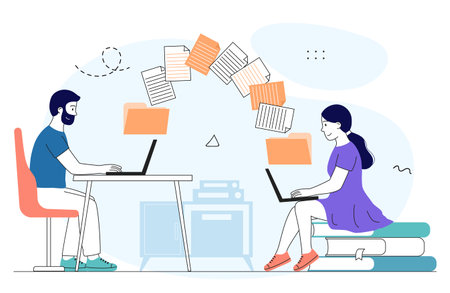 People with file transfer. Man and woman with laptop exchange folders with documents. Cloud service and social networks. internet connection. Linear vector illustration isolated on white backgroundのイラスト素材
