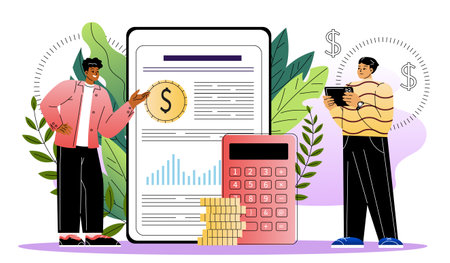 People with financial statistics. Men with calculator and gold coins near clipboard. Experts and consultants. Analysts conduct marketing research, financial forecast. Flat vector illustrationのイラスト素材
