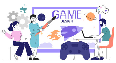 Game designers team. Man and woman with gamepad near monitor screen. Programmers and IT specialists write code for applications and programs. Linear vector illustration isolated on white backgroundのイラスト素材