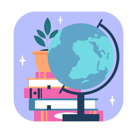 Geography supply sticker. Globe near stack of books. Education and training, learning. Classroom with school supplies. Flat vector illustration isolated on white backgroundのイラスト素材