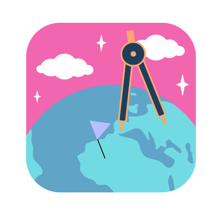 Geography supply sticker. Planet with compass. Education and training, learning. Graphic element for website. Flat vector illustration isolated on white backgroundのイラスト素材