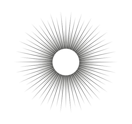 Geometric sun ray. Sunbeam and sunshine, sunburst. Minimalist creativity and art. Circle with radial lines. Social media sticker. Linear vector illustration isolated on white backgroundのイラスト素材