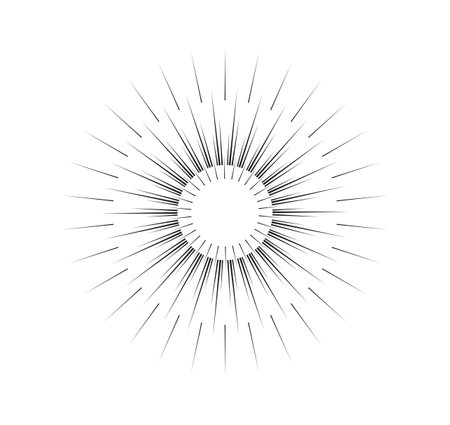Geometric sun ray. Sunbeam and sunshine, sunburst. Minimalist creativity and artwork. Round frame. Bursting and blast. Linear vector illustration isolated on white backgroundのイラスト素材
