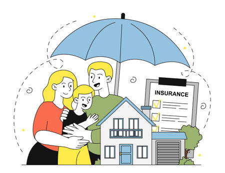 Family with home insurance. Man and woman with girl under umbrella near house. Financial deals and protection of private property and real estate. Parents with kid. Linear vector illustrationのイラスト素材
